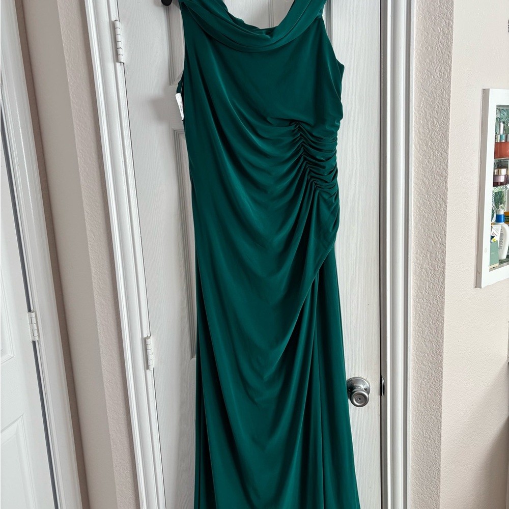Neiman Marcus Green Asymmetrical Ruched Cowl Neck Gown